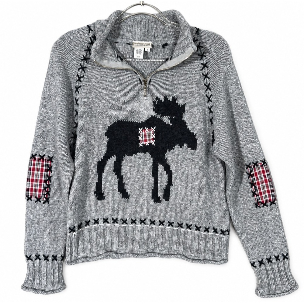 Coldwater Creek Sweater Womens S Gray Moose Plaid Patch Quarter Zip Pullover